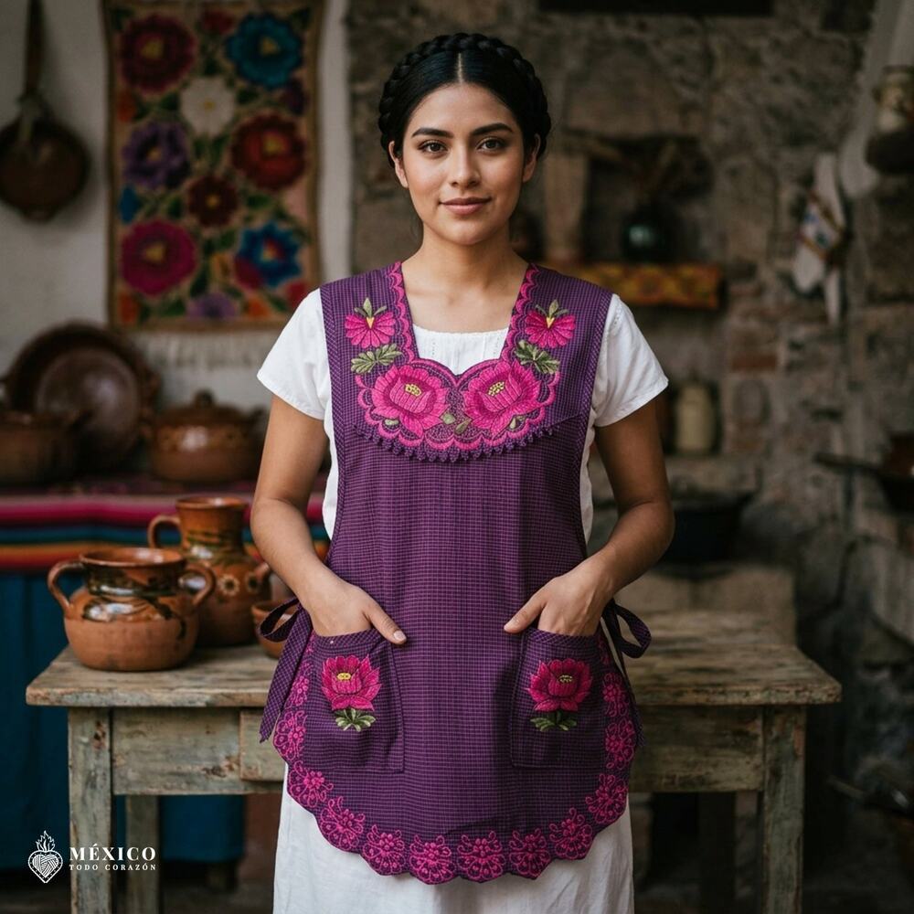 Mexican Embroidered Smock Apron – Floral Traditional Design